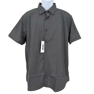 DKNY Black Geometric Performance Short Sleeve Button Down Shirt Men's Large NEW